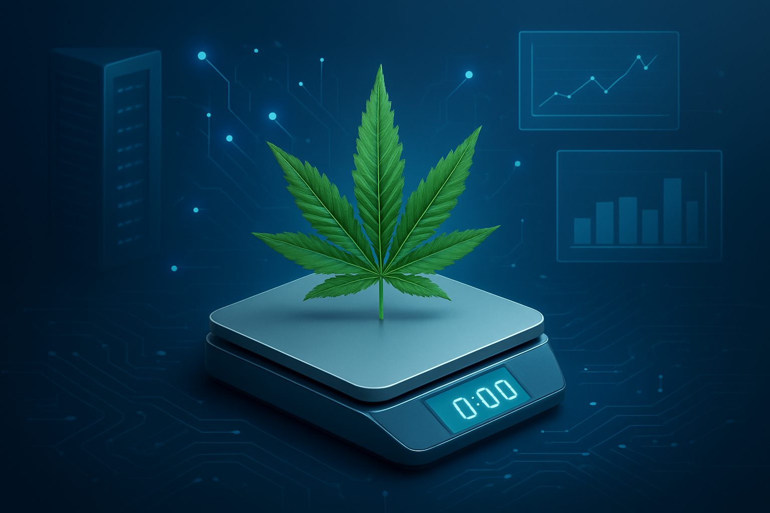 A cannabis leaf positioned on a digital scale surrounded by circuit-like graphics